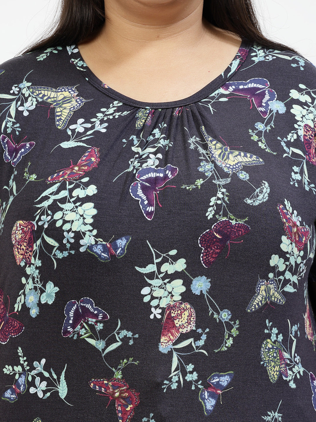 Plus Size Women Floral Printed Extended Sleeves Pockets T-shirt