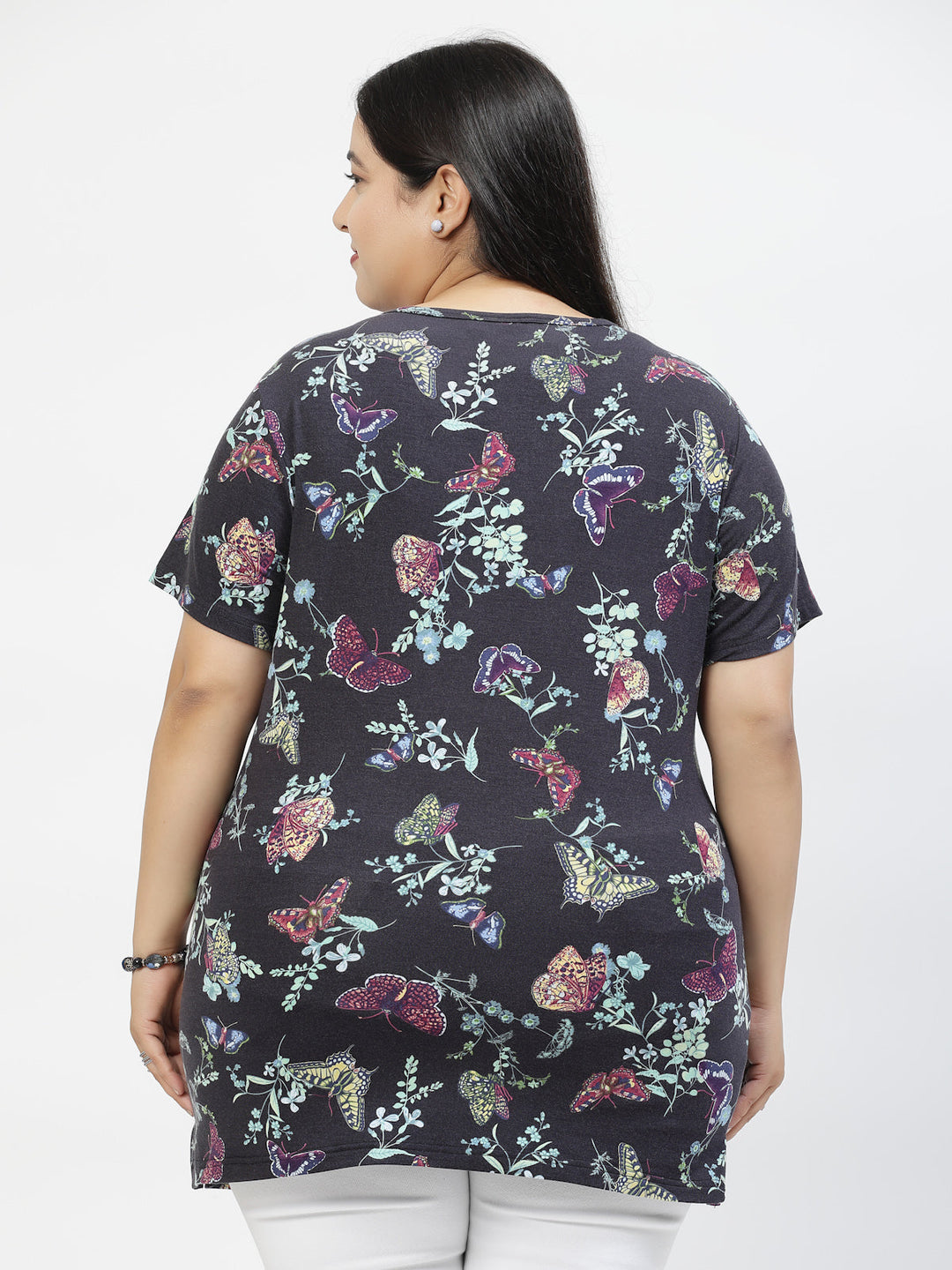 Plus Size Women Floral Printed Extended Sleeves Pockets T-shirt