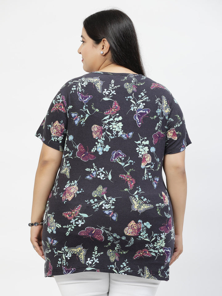 Plus Size Women Floral Printed Extended Sleeves Pockets T-shirt