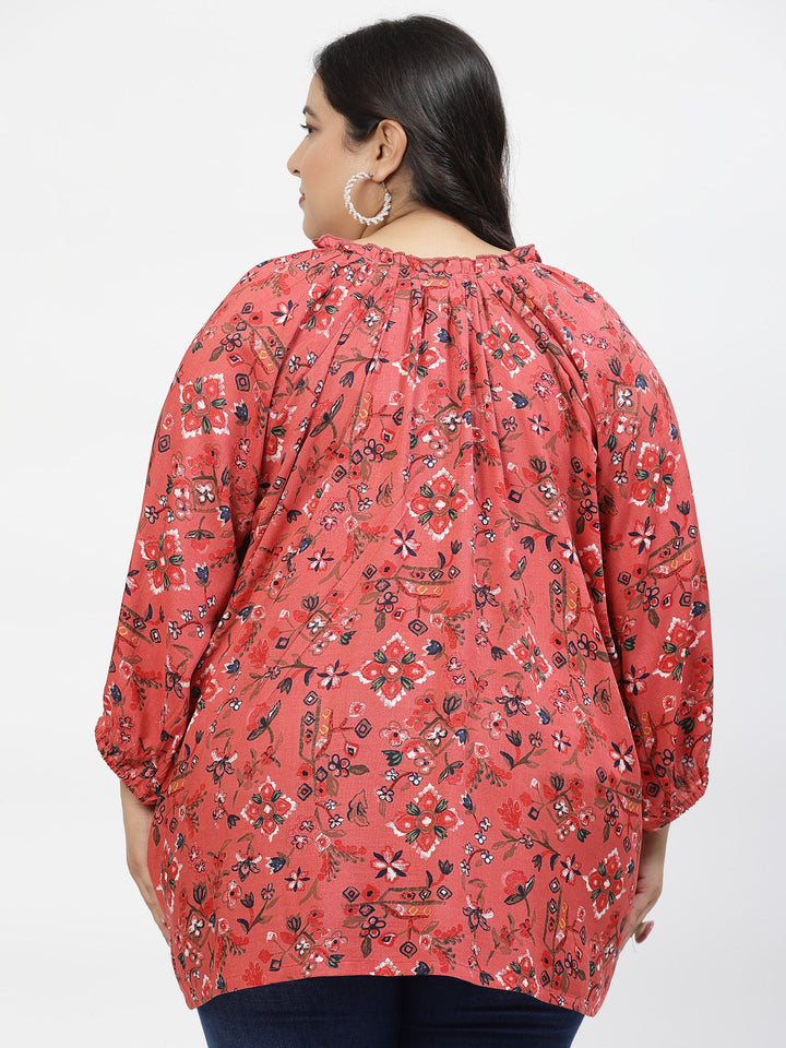 Plus Size Print Tie-Up Neck Puff Sleeve Top