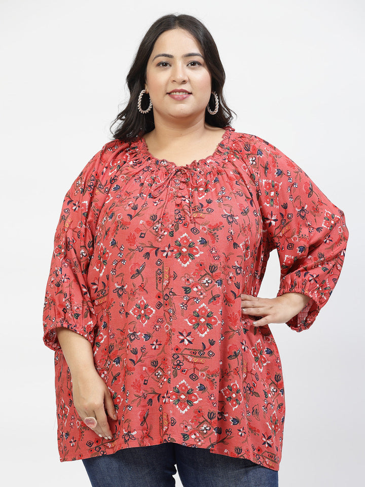 Plus Size Print Tie-Up Neck Puff Sleeve Top