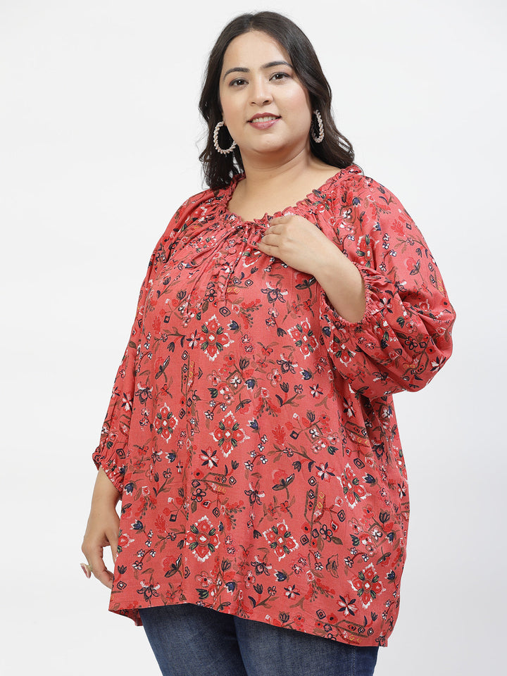 Plus Size Print Tie-Up Neck Puff Sleeve Top