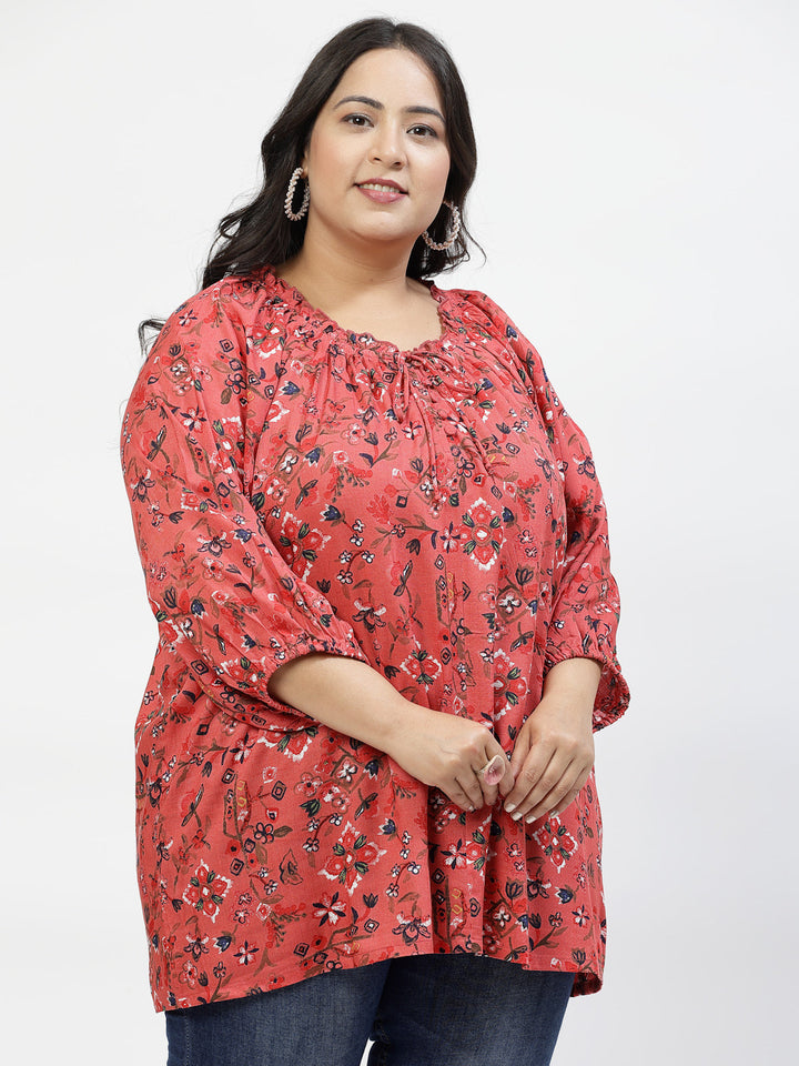 Plus Size Print Tie-Up Neck Puff Sleeve Top