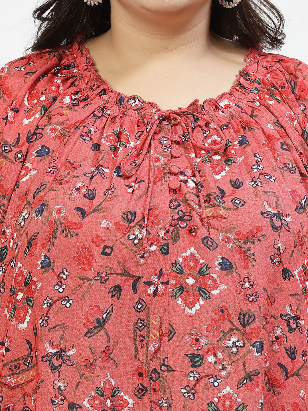 Plus Size Print Tie-Up Neck Puff Sleeve Top