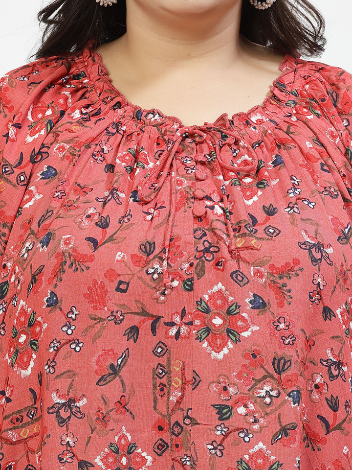 Plus Size Print Tie-Up Neck Puff Sleeve Top