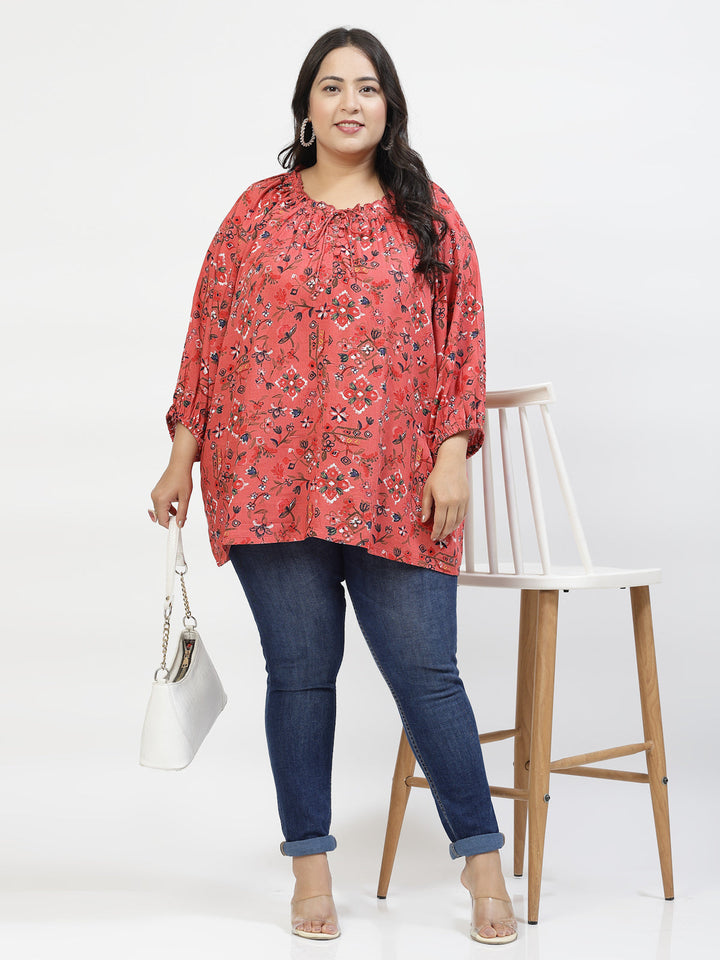 Plus Size Print Tie-Up Neck Puff Sleeve Top