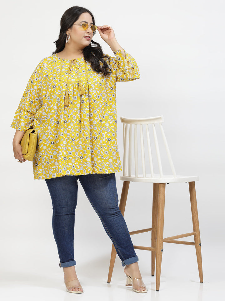 Plus Size Print Tie-Up Neck Flared Sleeve Longline Top
