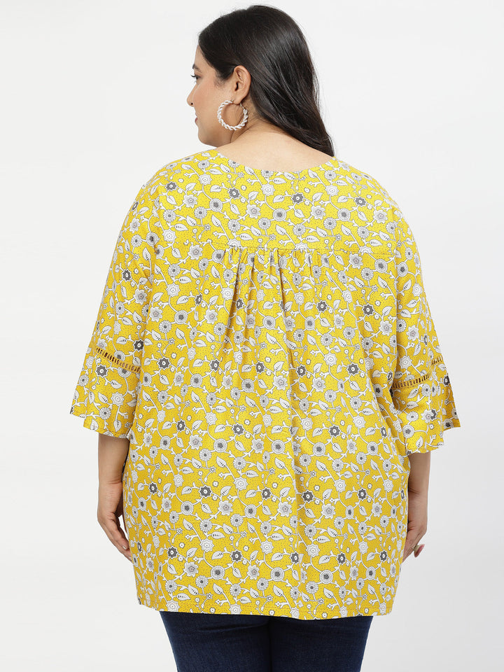 Plus Size Print Tie-Up Neck Flared Sleeve Longline Top