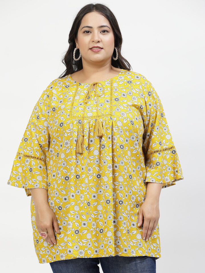 Plus Size Print Tie-Up Neck Flared Sleeve Longline Top