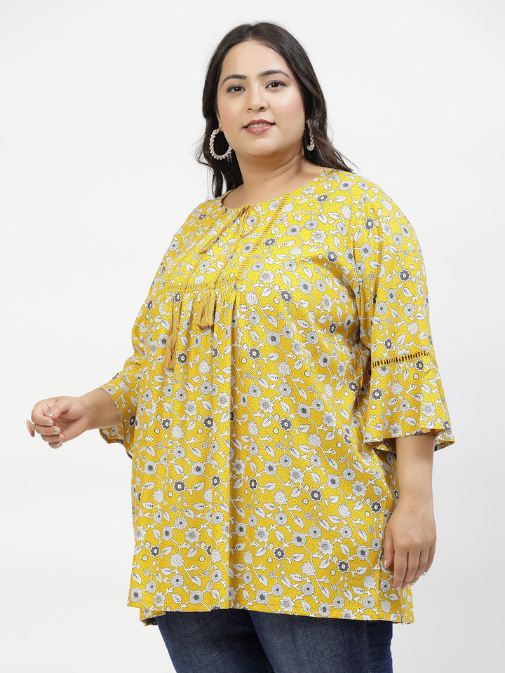 Plus Size Print Tie-Up Neck Flared Sleeve Longline Top