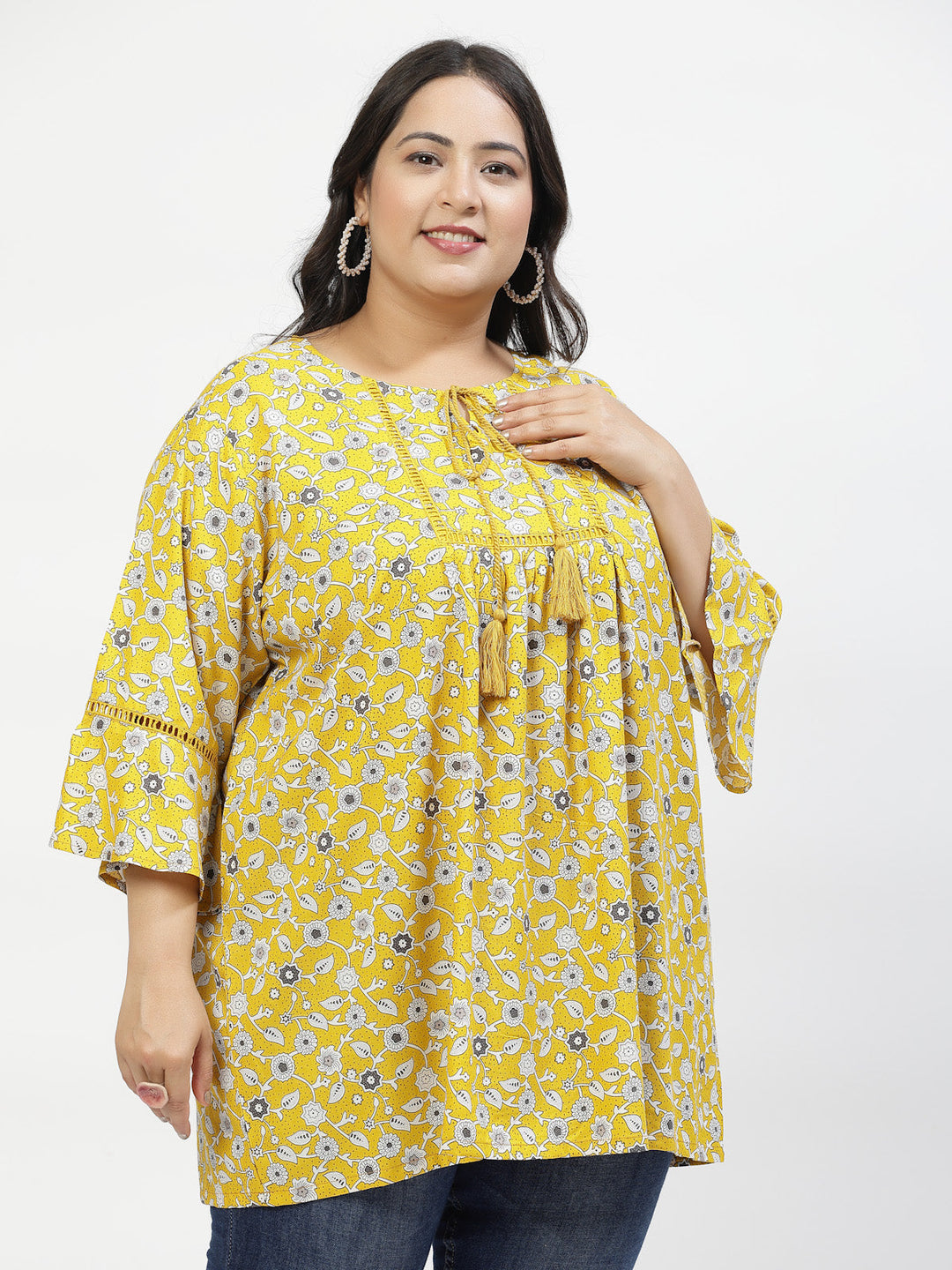Plus Size Print Tie-Up Neck Flared Sleeve Longline Top