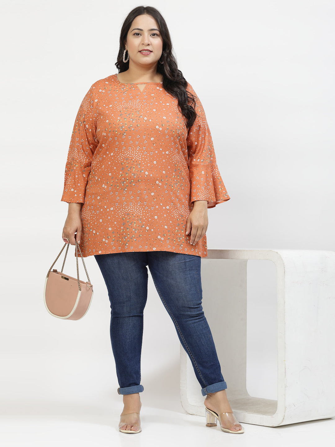 Plus Size Floral Print Bell Sleeve Top