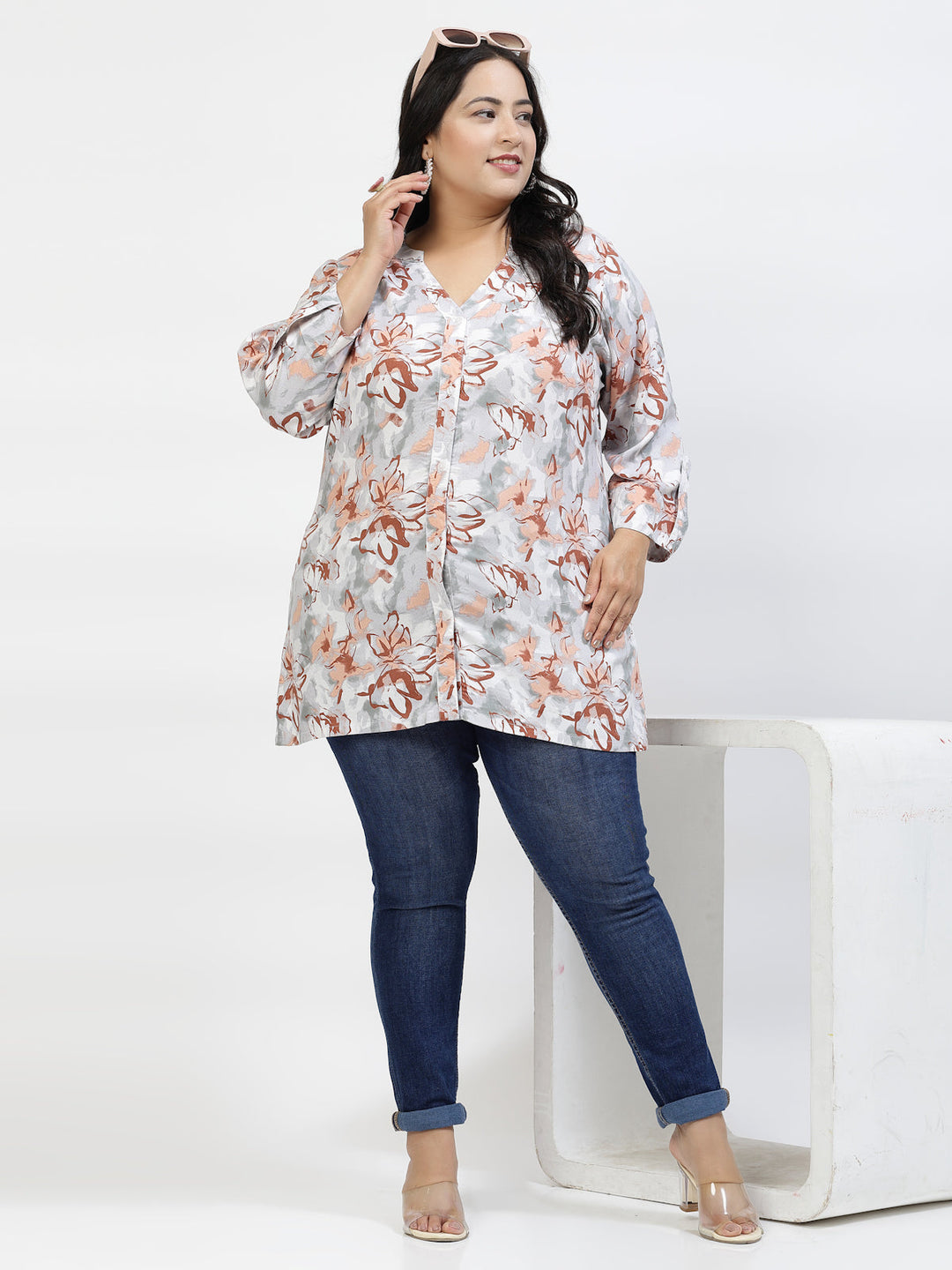 Plus Size Floral Print Roll-Up Sleeves Longline Top