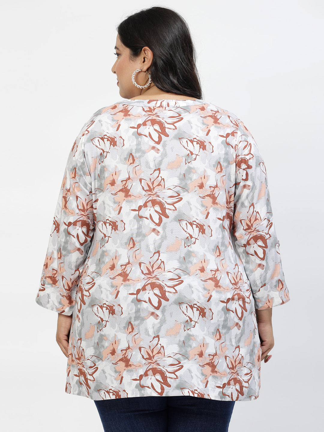 Plus Size Floral Print Roll-Up Sleeves Longline Top