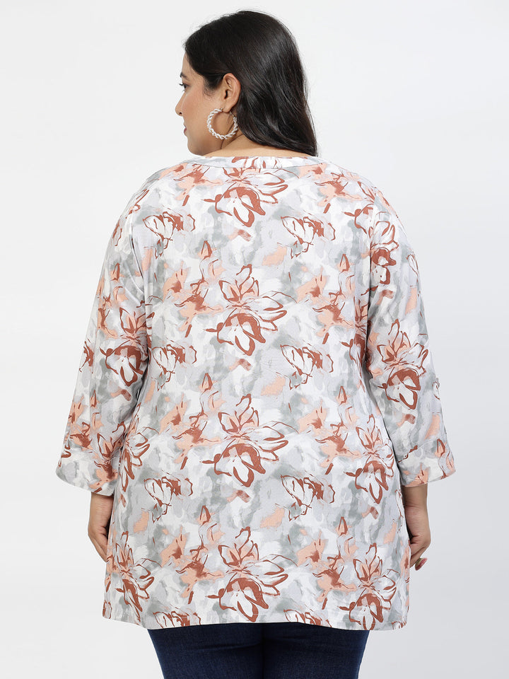 Plus Size Floral Print Roll-Up Sleeves Longline Top