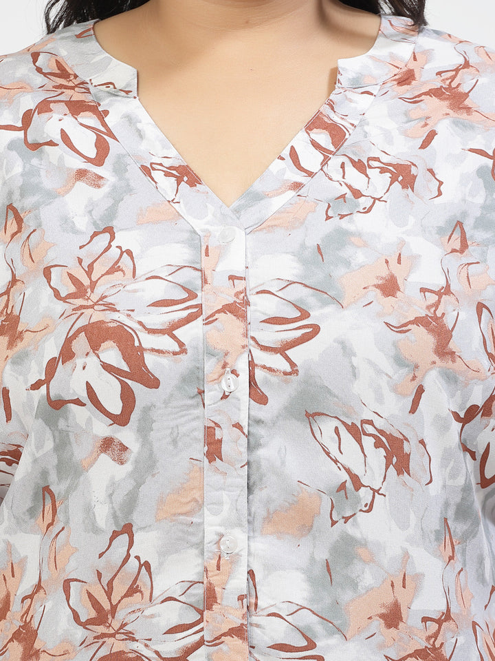 Plus Size Floral Print Roll-Up Sleeves Longline Top