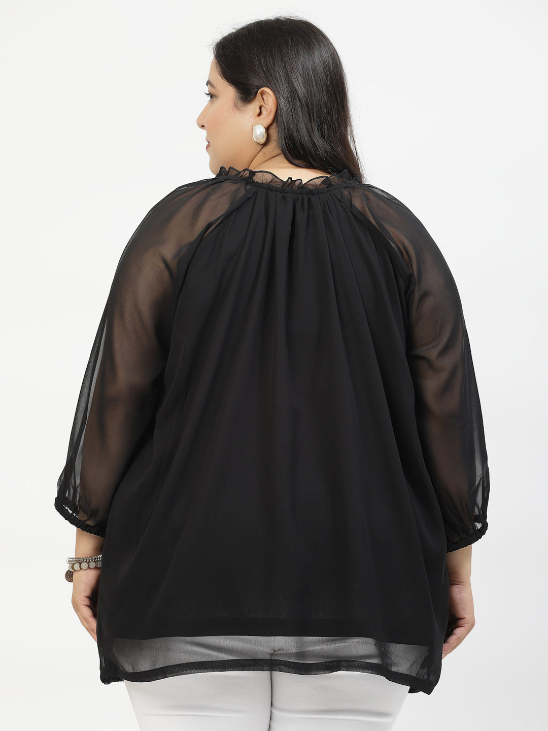 Plus Size Tie-Up Neck Puff Sleeve Top