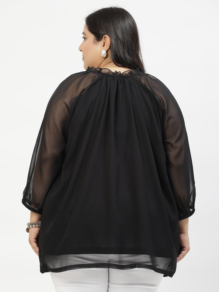 Plus Size Tie-Up Neck Puff Sleeve Top