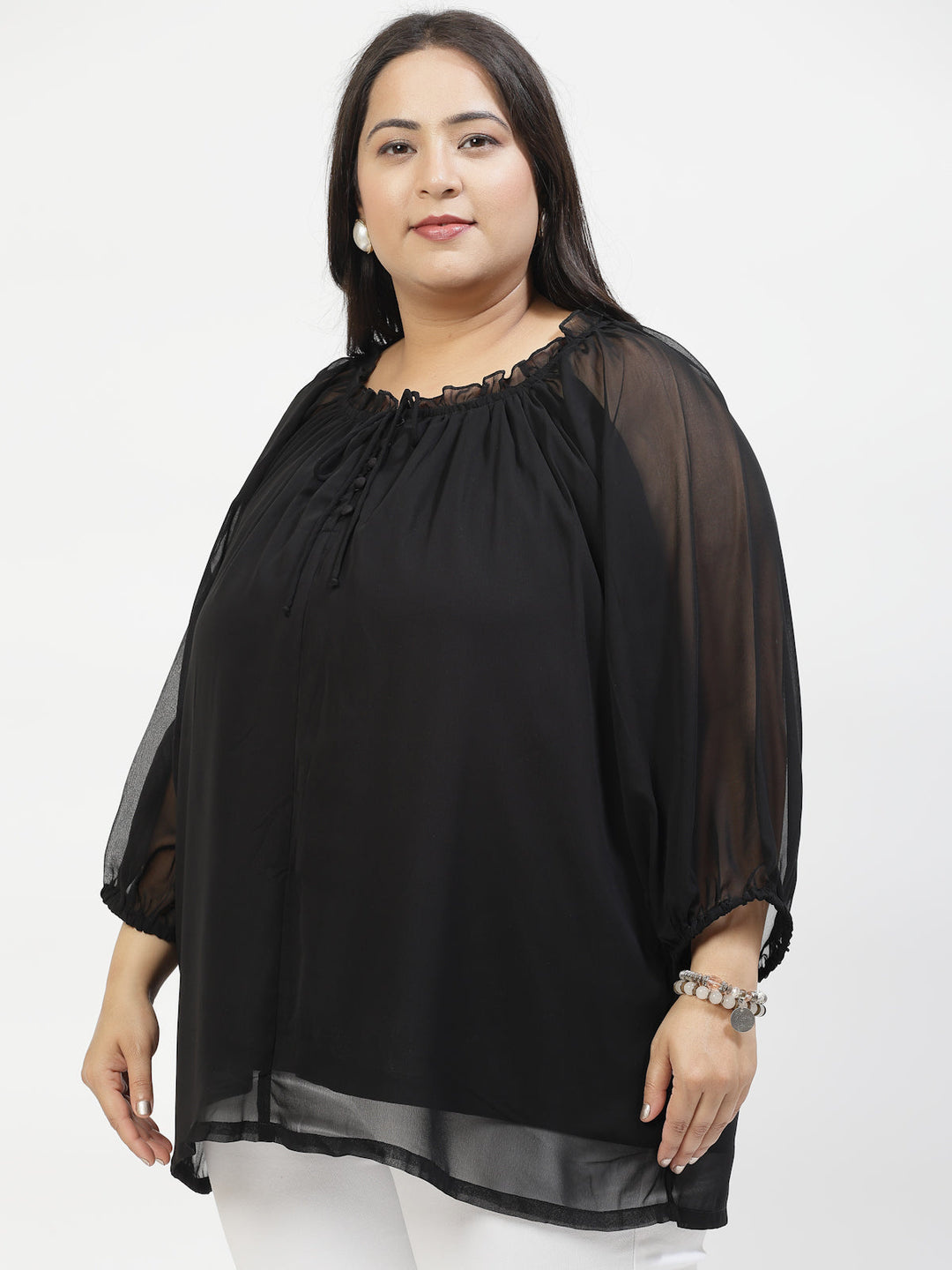 Plus Size Tie-Up Neck Puff Sleeve Top