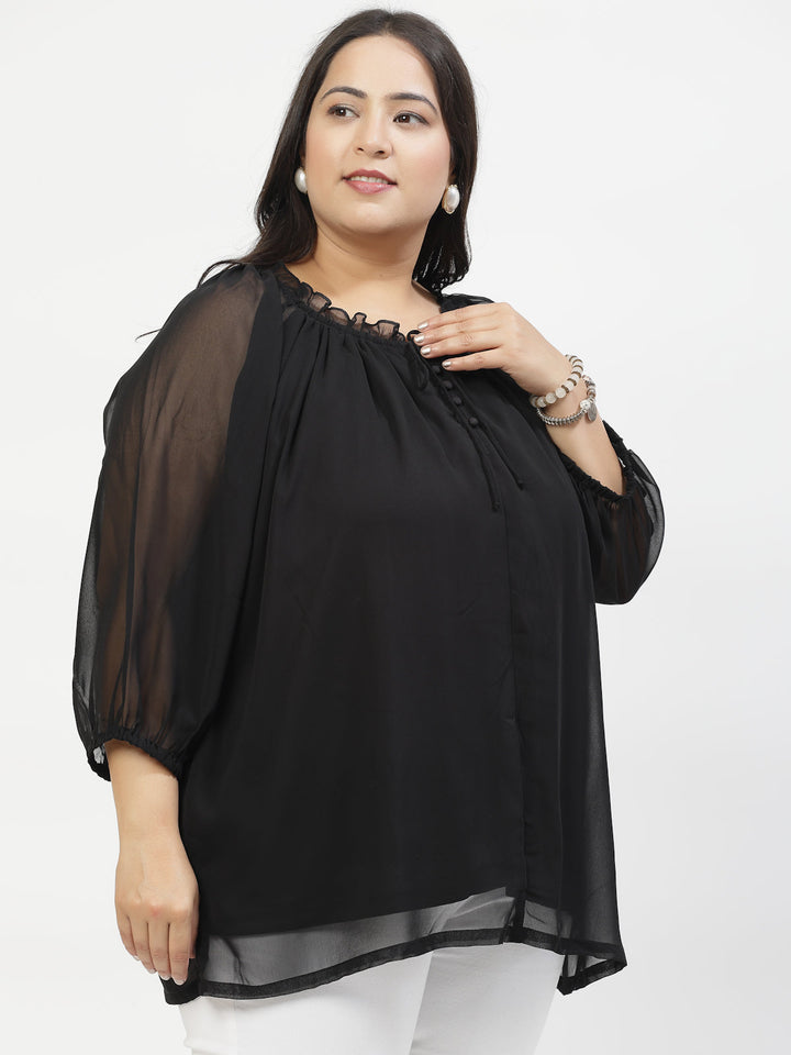 Plus Size Tie-Up Neck Puff Sleeve Top