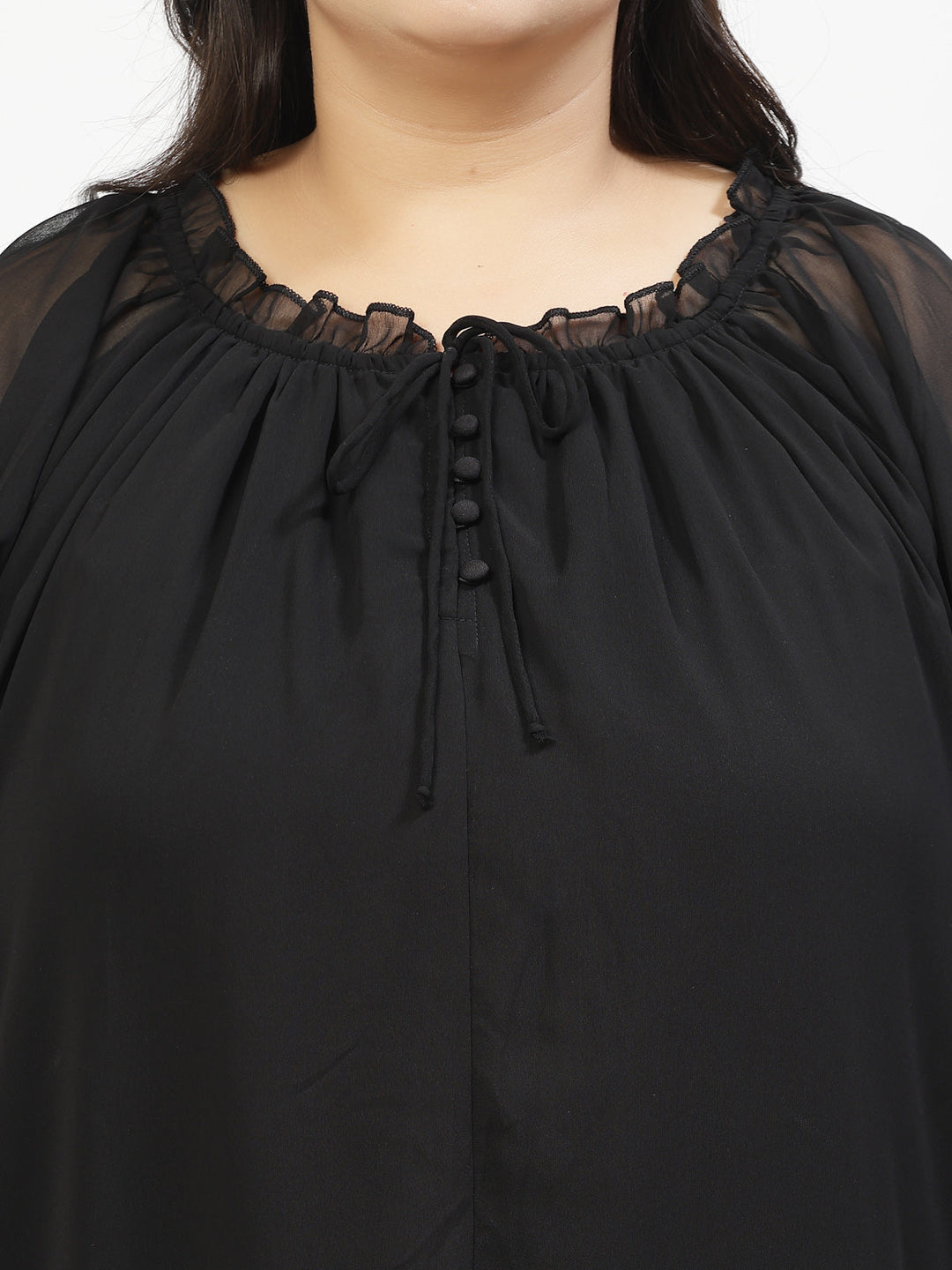 Plus Size Tie-Up Neck Puff Sleeve Top