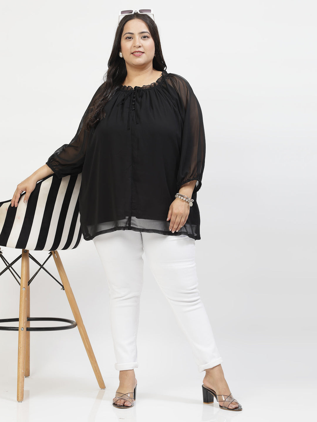 Plus Size Tie-Up Neck Puff Sleeve Top