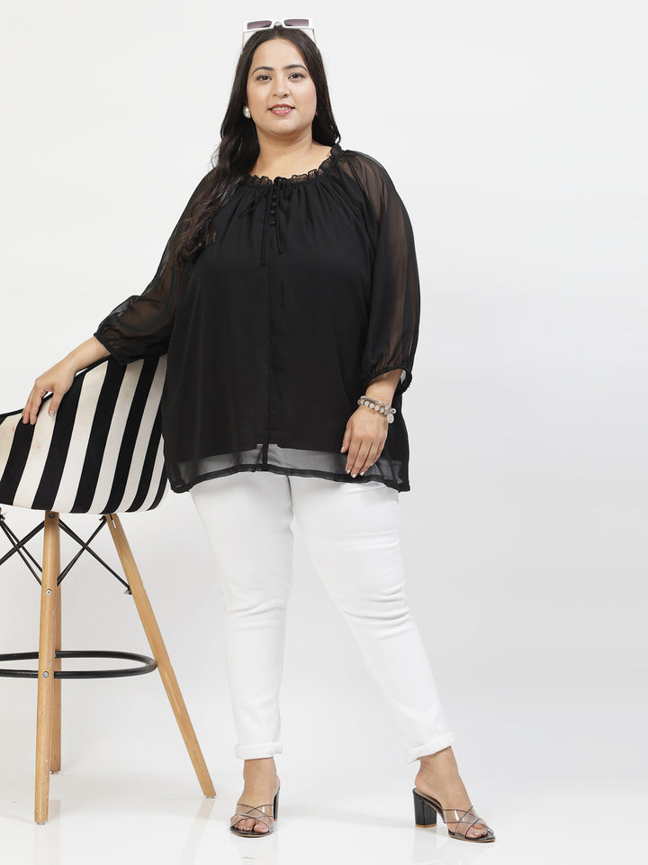 Plus Size Tie-Up Neck Puff Sleeve Top