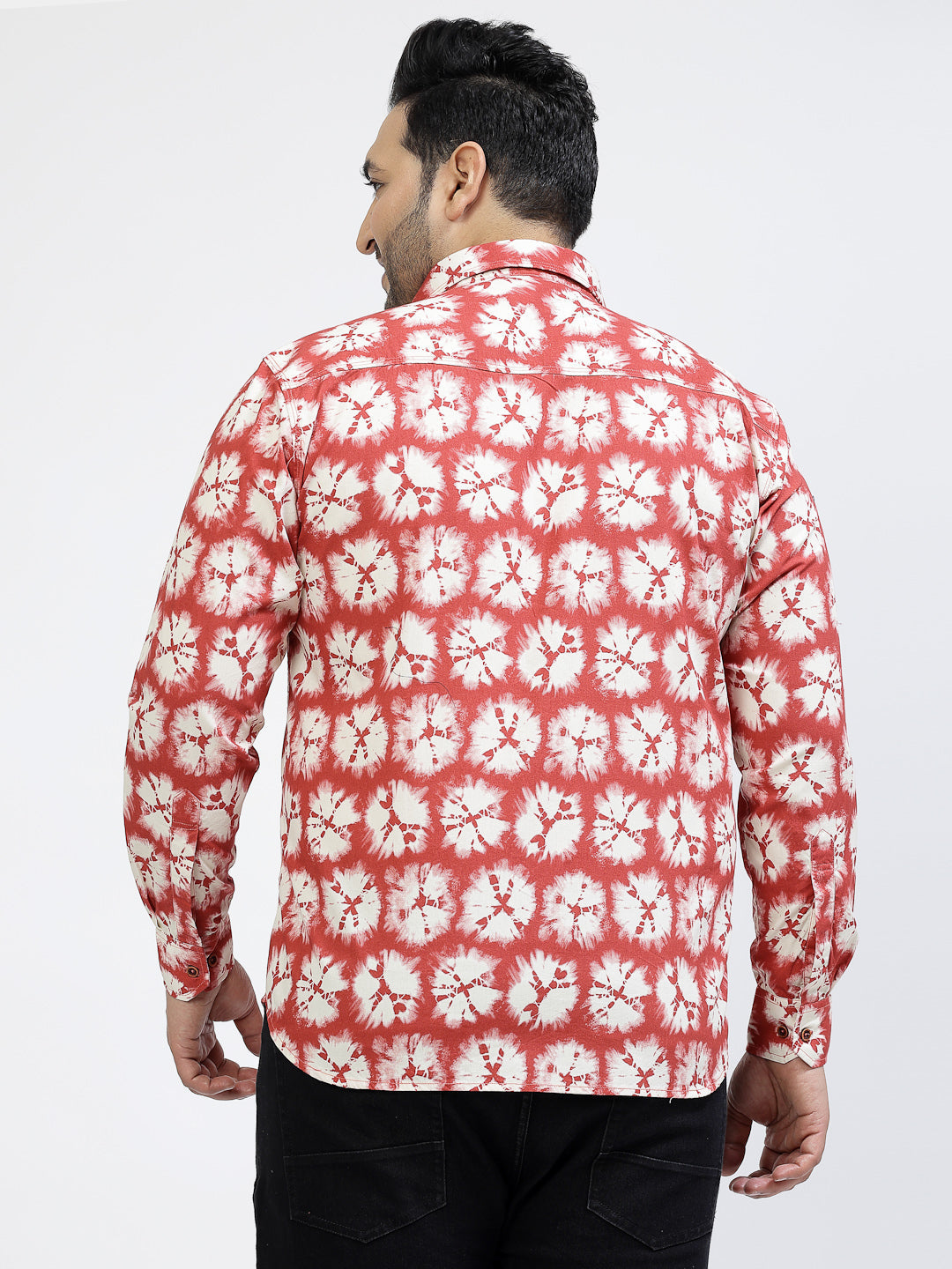Plus Size Floral Printed Spread Collar Long Sleeves Cotton Shirt