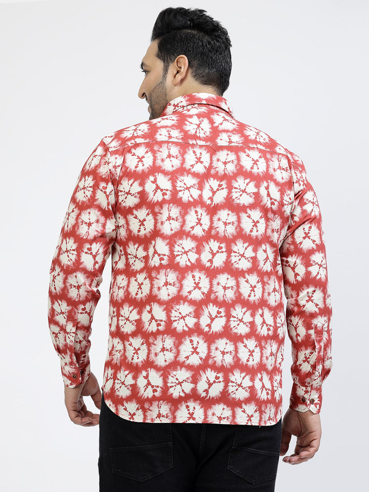 Plus Size Floral Printed Spread Collar Long Sleeves Cotton Shirt