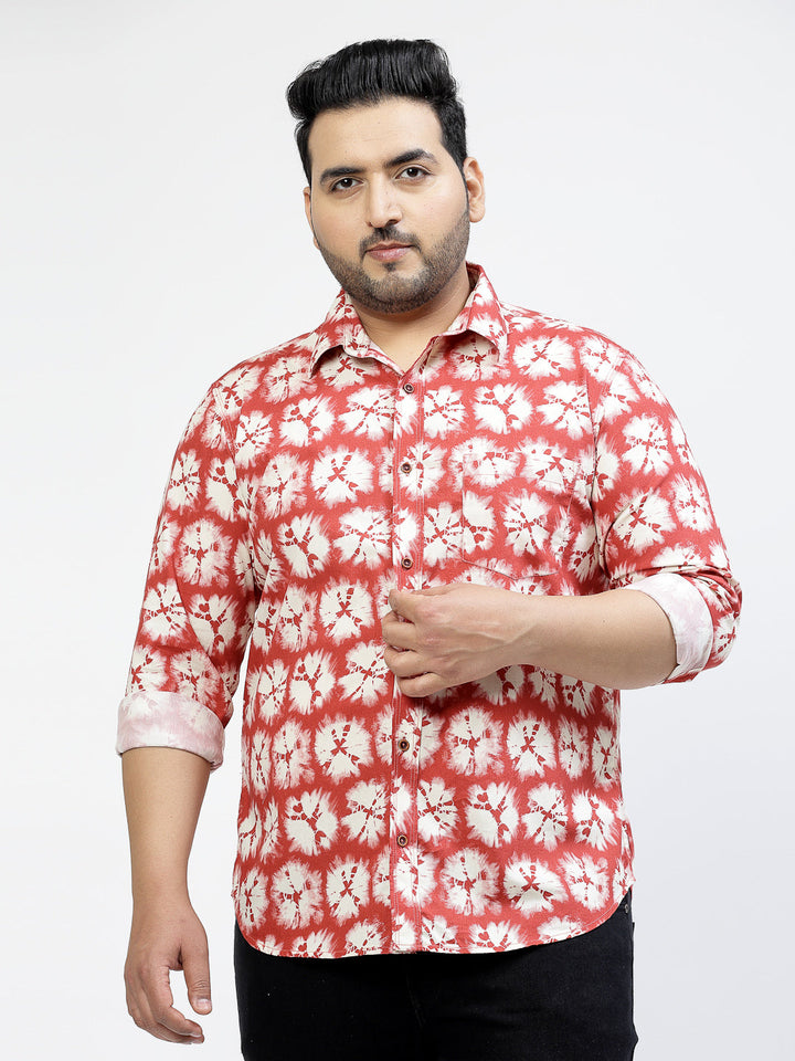 Plus Size Floral Printed Spread Collar Long Sleeves Cotton Shirt