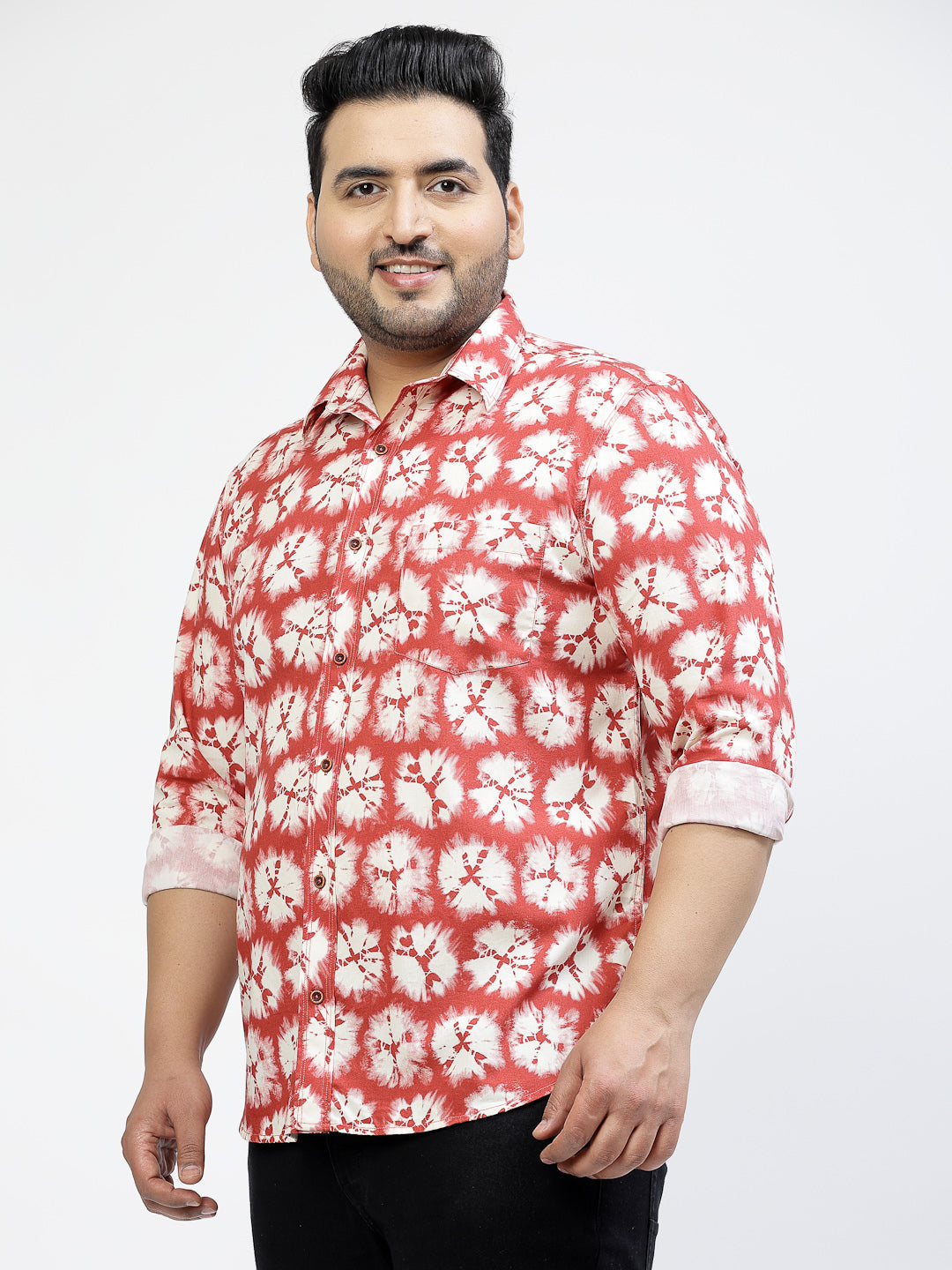Plus Size Floral Printed Spread Collar Long Sleeves Cotton Shirt