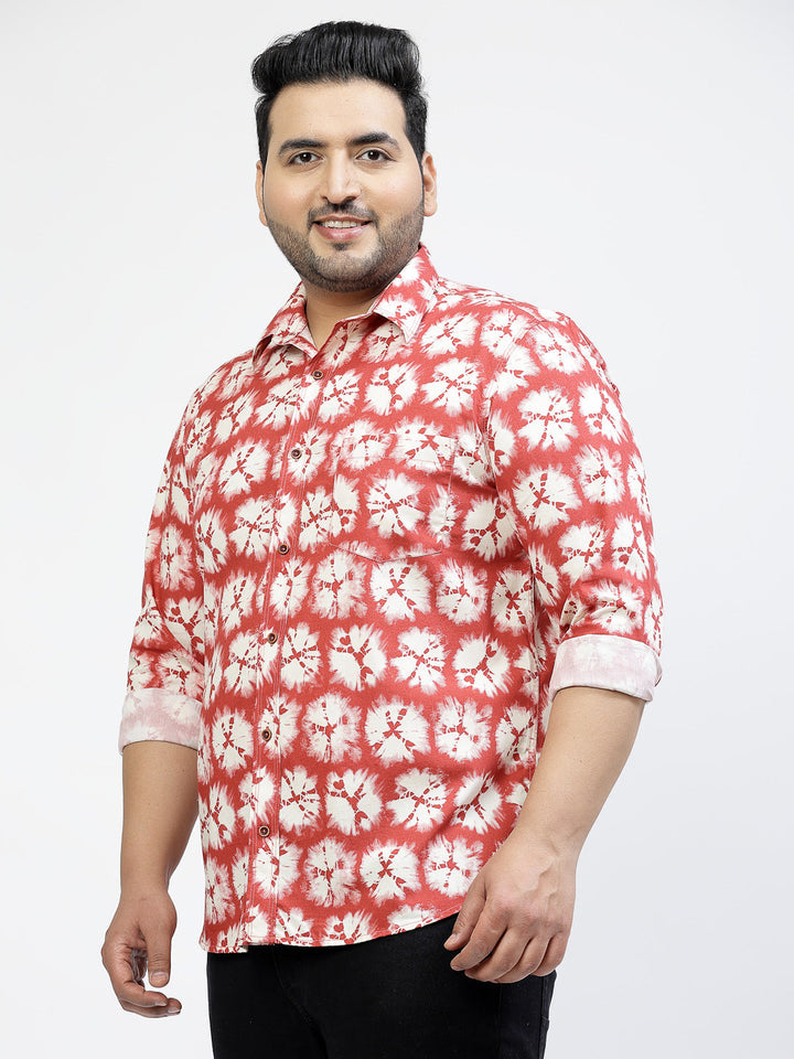 Plus Size Floral Printed Spread Collar Long Sleeves Cotton Shirt