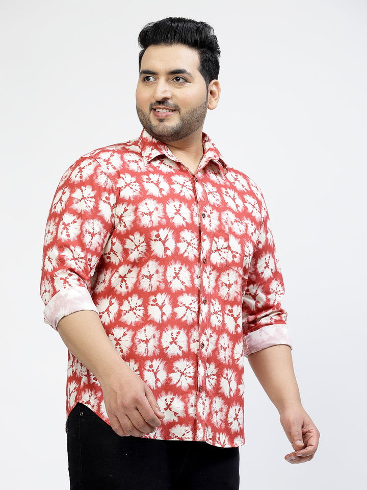 Plus Size Floral Printed Spread Collar Long Sleeves Cotton Shirt