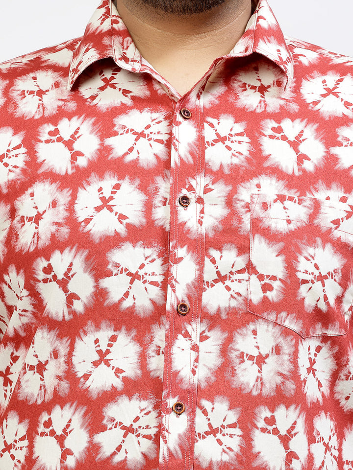 Plus Size Floral Printed Spread Collar Long Sleeves Cotton Shirt