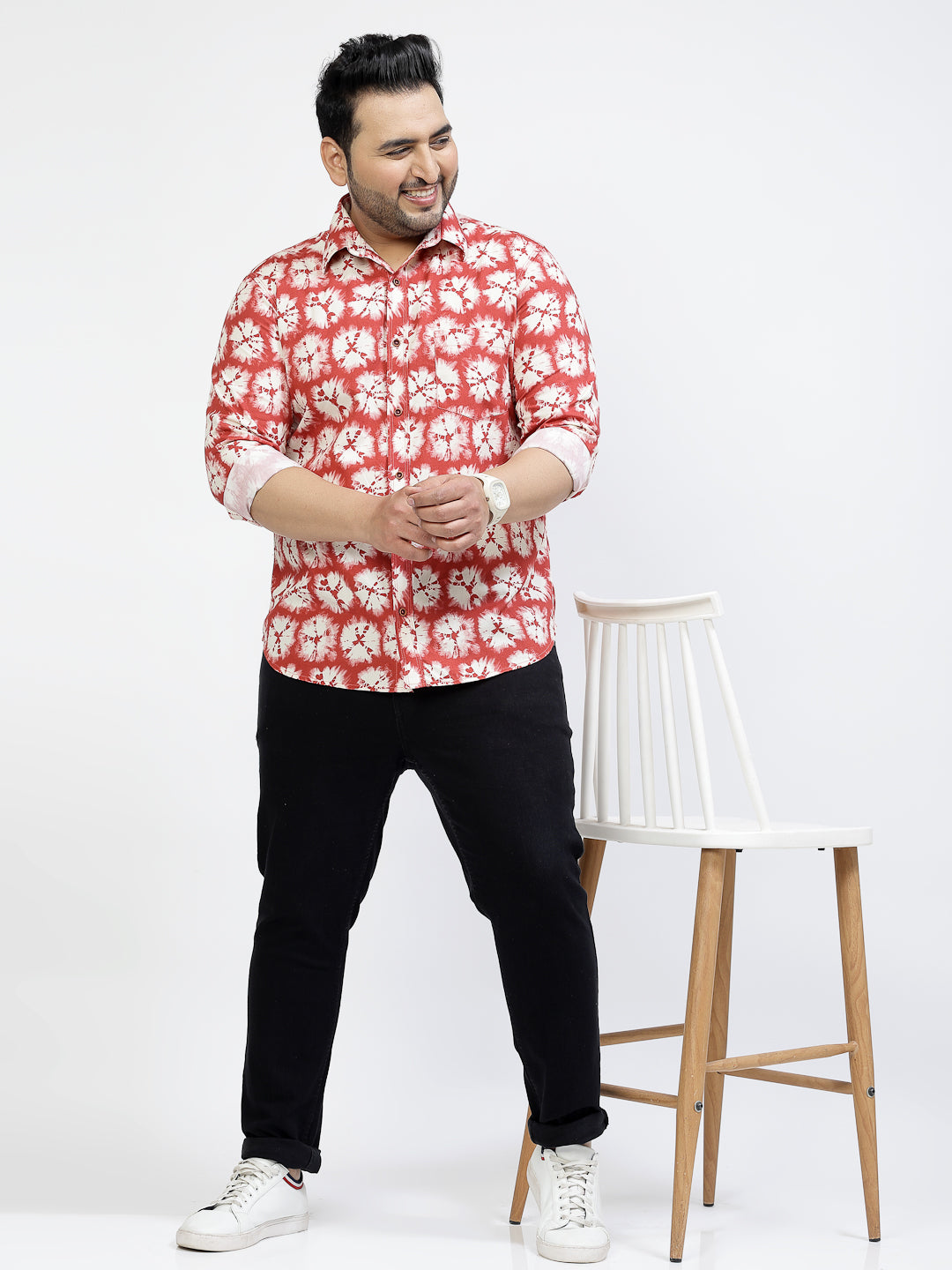 Plus Size Floral Printed Spread Collar Long Sleeves Cotton Shirt
