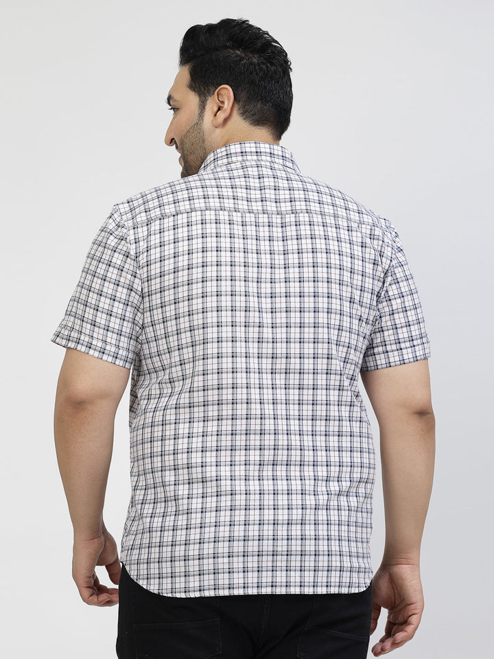 Plus Size White Tartan Checked Spread Collar Cotton Casual Shirt