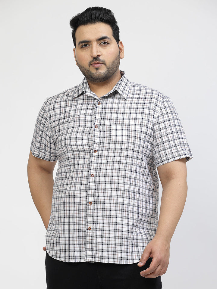 Plus Size White Tartan Checked Spread Collar Cotton Casual Shirt