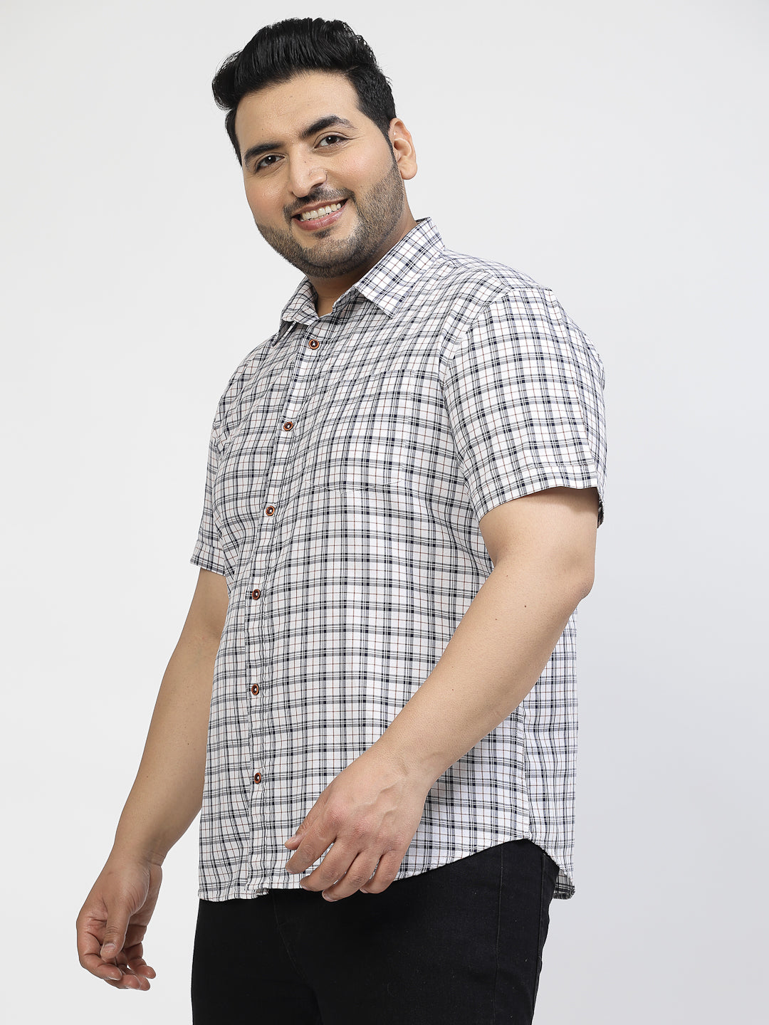 Plus Size White Tartan Checked Spread Collar Cotton Casual Shirt