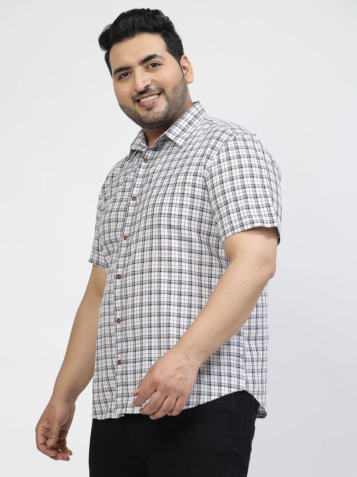Plus Size White Tartan Checked Spread Collar Cotton Casual Shirt