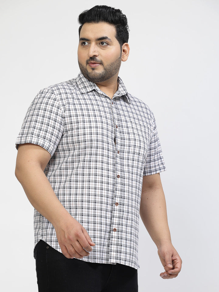 Plus Size White Tartan Checked Spread Collar Cotton Casual Shirt