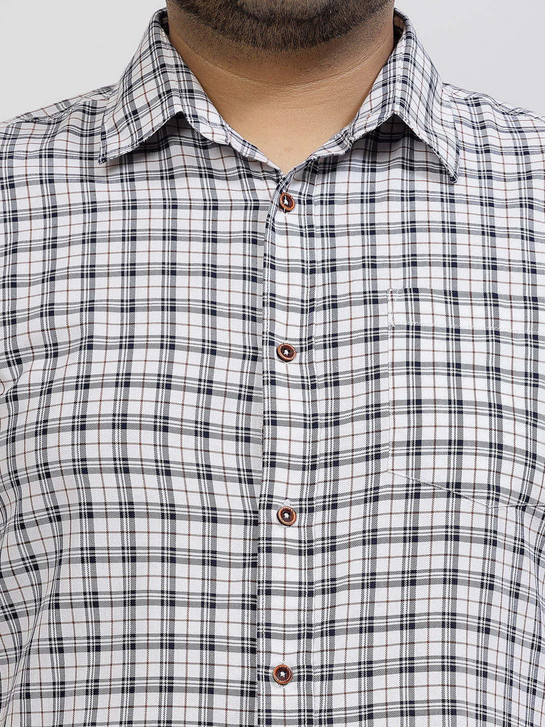 Plus Size White Tartan Checked Spread Collar Cotton Casual Shirt