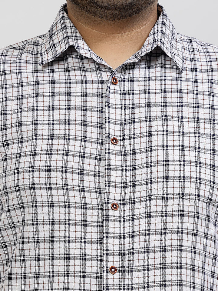 Plus Size White Tartan Checked Spread Collar Cotton Casual Shirt