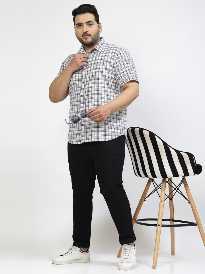 Plus Size White Tartan Checked Spread Collar Cotton Casual Shirt