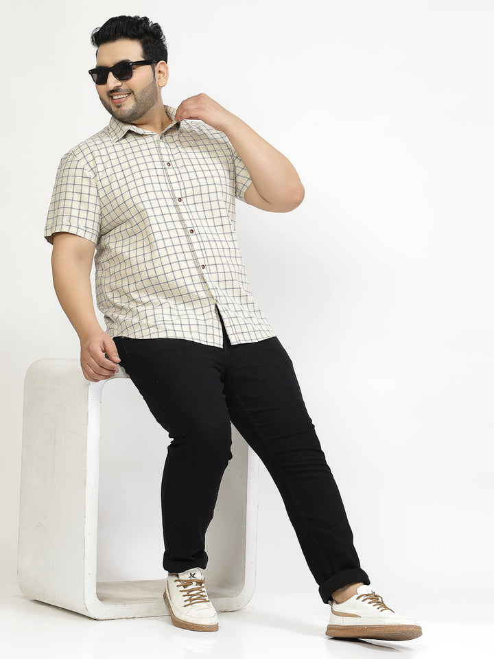 Plus Size Grid Tattersall Checked Cotton Casual Shirt