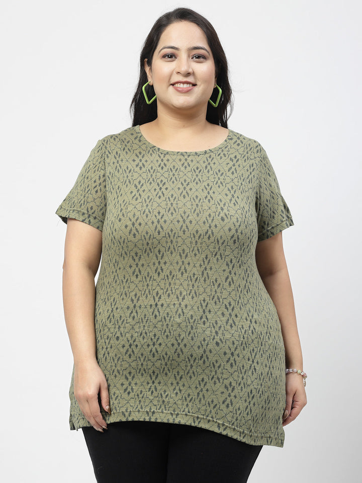 Plus Size Women Printed Drop-Shoulder Sleeves Pockets T-shirt