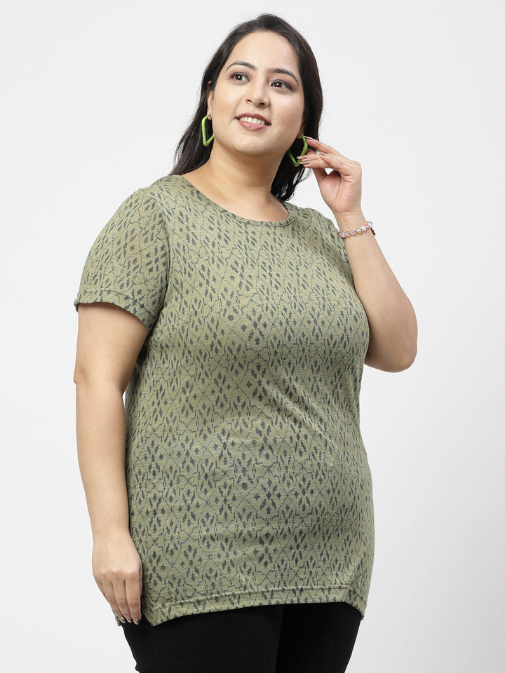 Plus Size Women Printed Drop-Shoulder Sleeves Pockets T-shirt