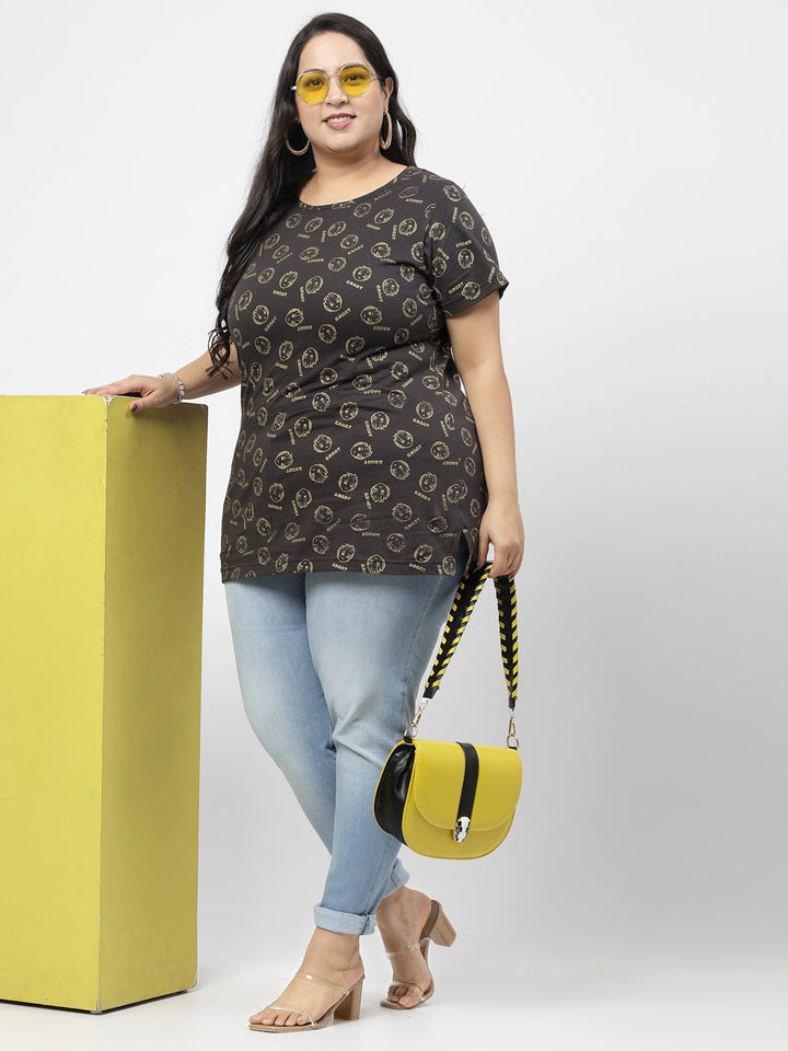 Plus Size Women Printed Drop-Shoulder Sleeves Ethnic Pockets T-shirt