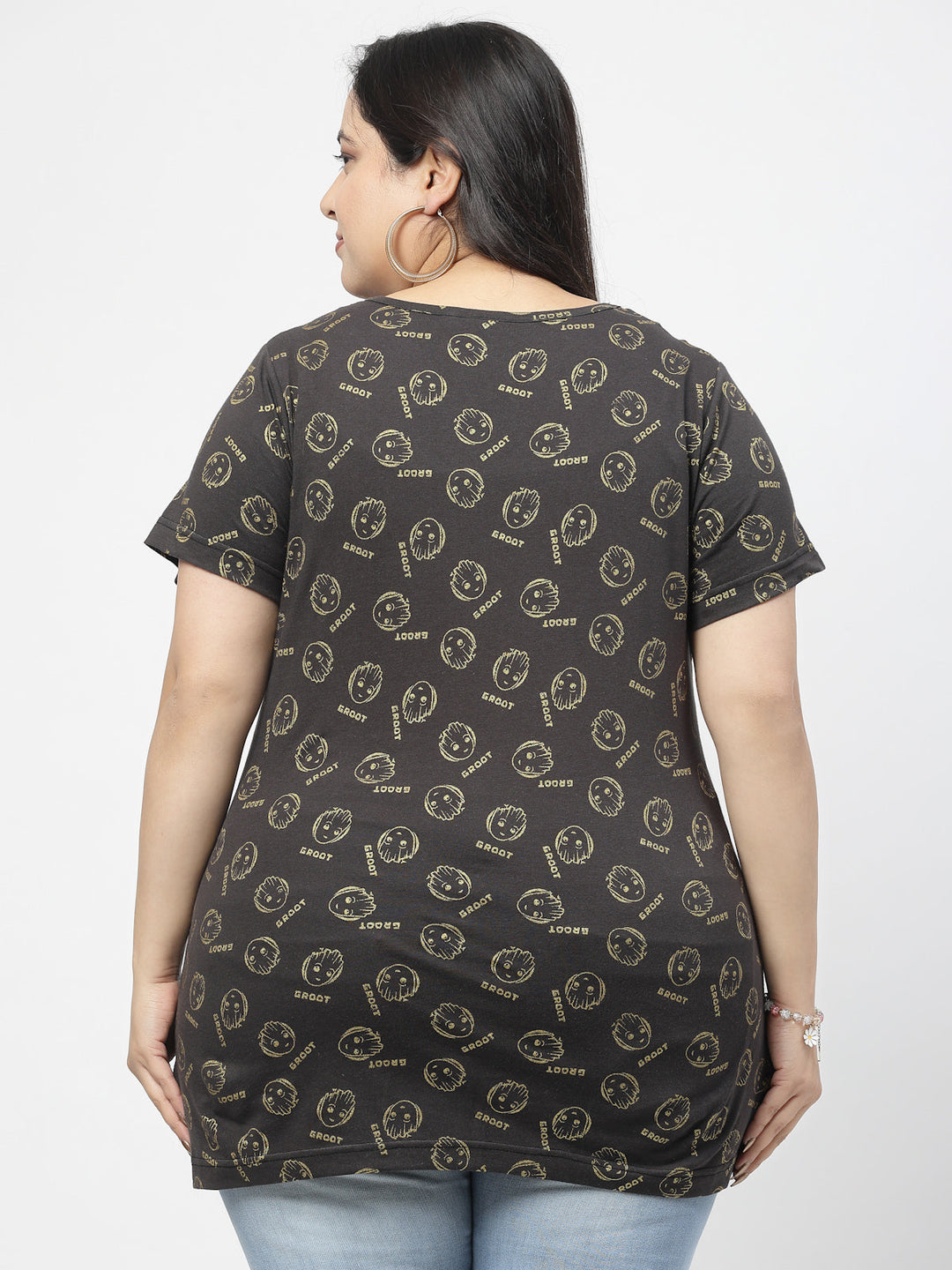 Plus Size Women Printed Drop-Shoulder Sleeves Ethnic Pockets T-shirt