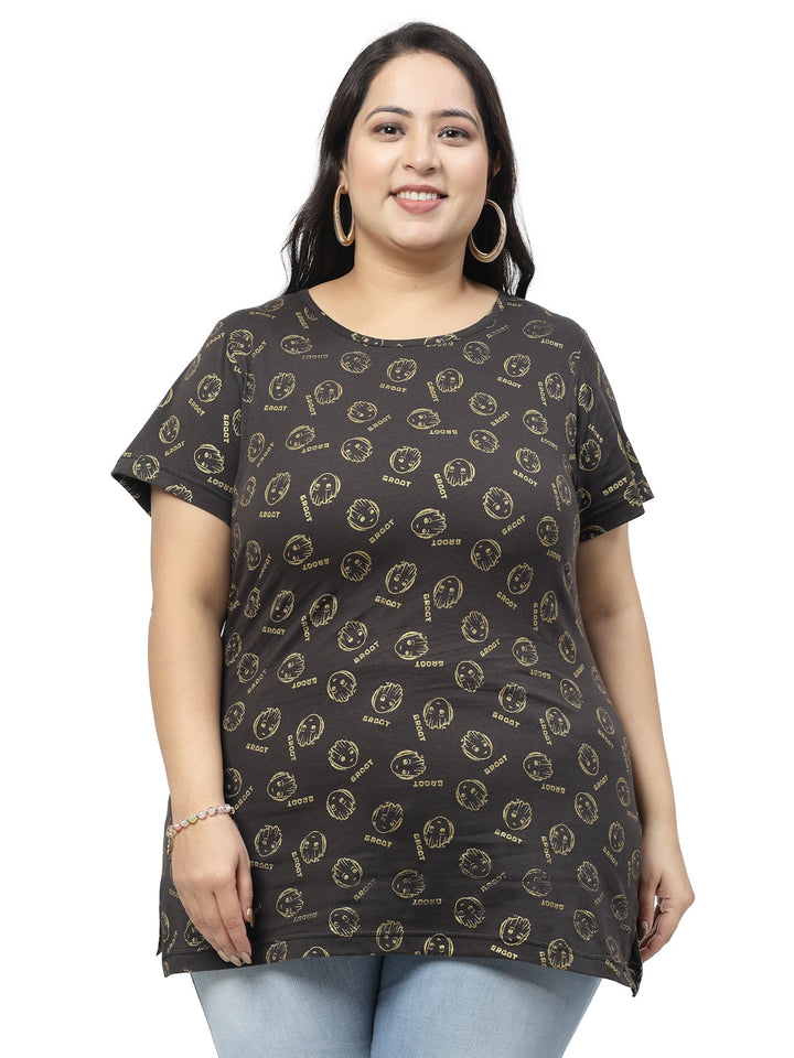 Plus Size Women Printed Drop-Shoulder Sleeves Ethnic Pockets T-shirt