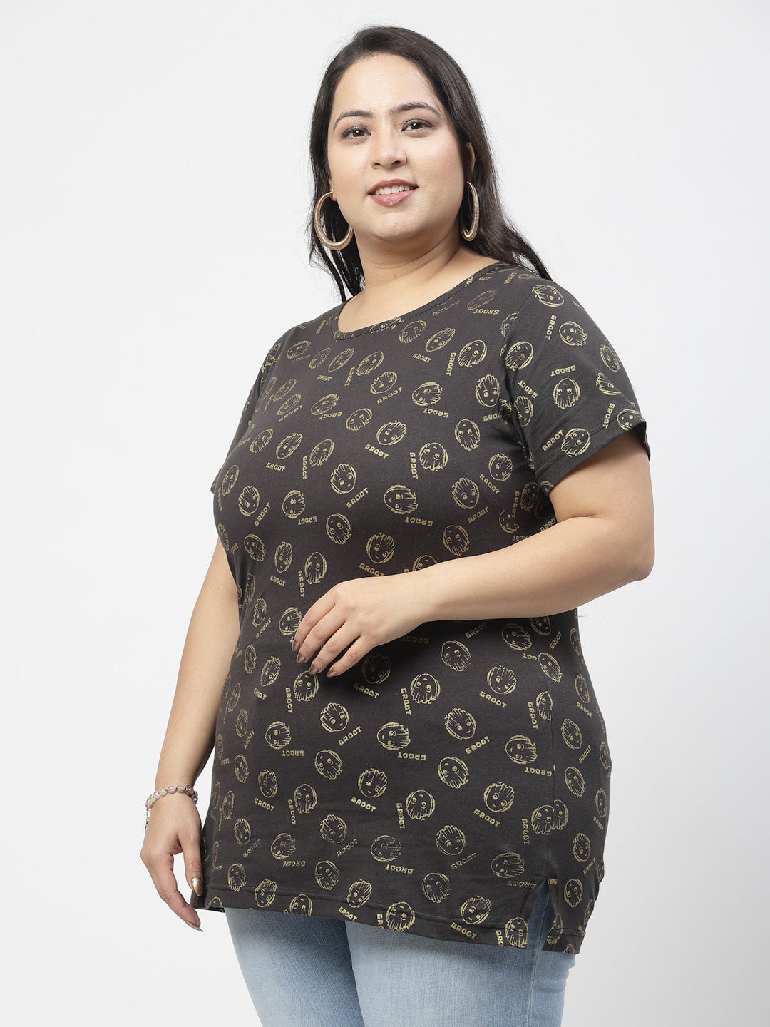 Plus Size Women Printed Drop-Shoulder Sleeves Ethnic Pockets T-shirt